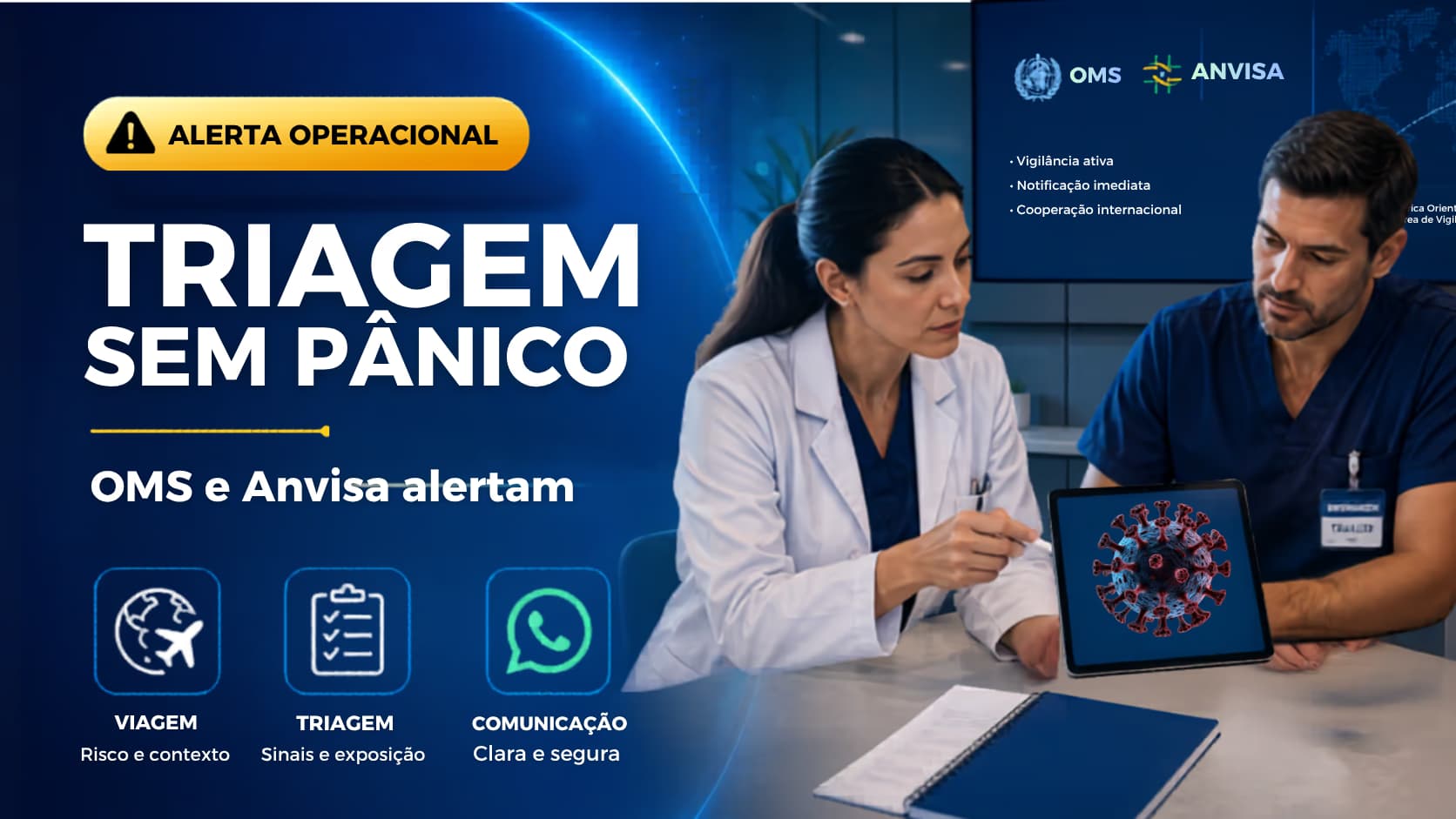 Médica, enfermeira e gestor de clínica revisam protocolo de triagem para Ebola Bundibugyo em sala de reunião, com fontes oficiais da OMS e Anvisa.