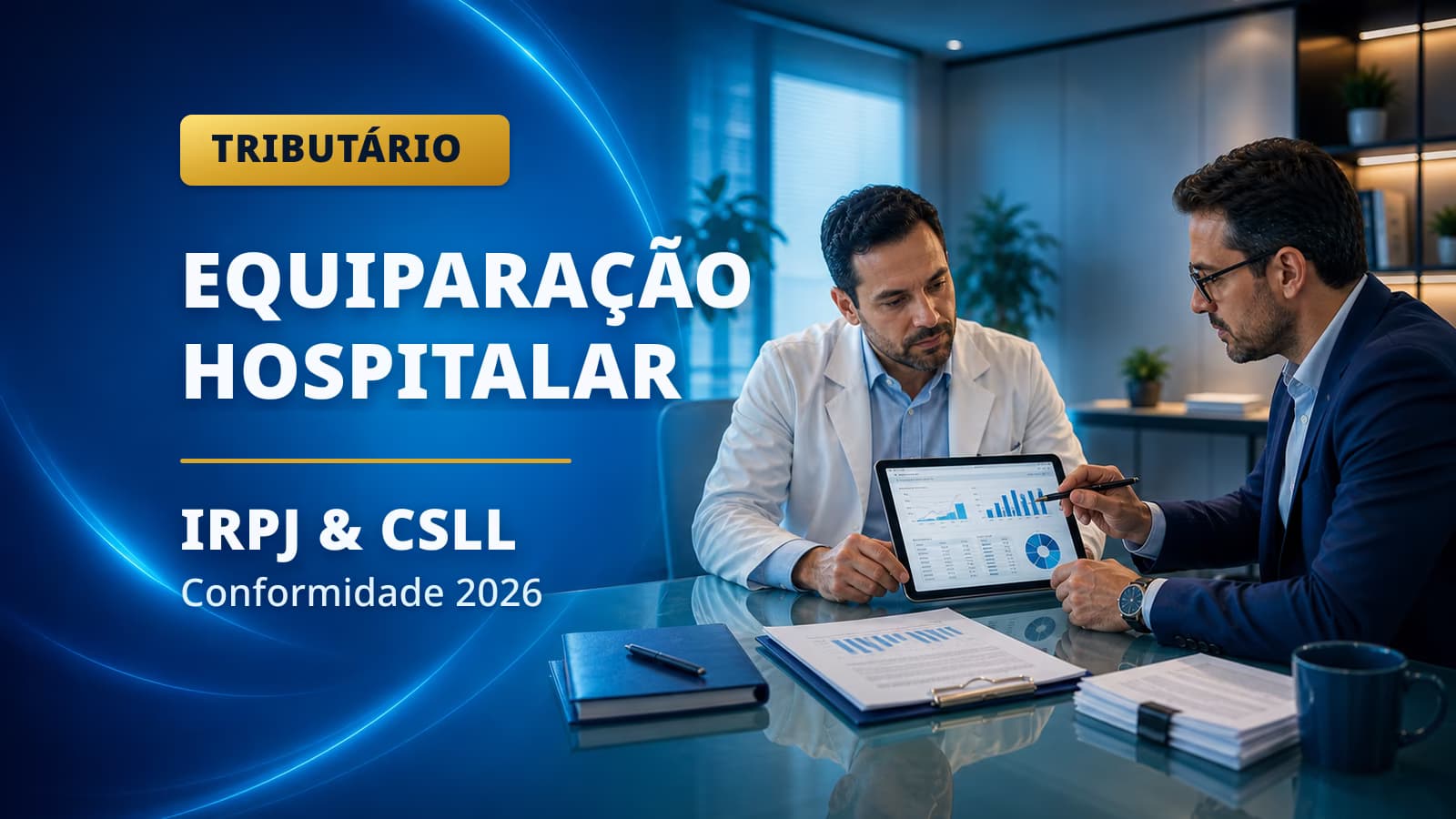 Arte editorial Clariora sobre Equiparação Hospitalar para clínicas médicas no Lucro Presumido, mostrando análise de IRPJ, CSLL e conformidade fiscal.