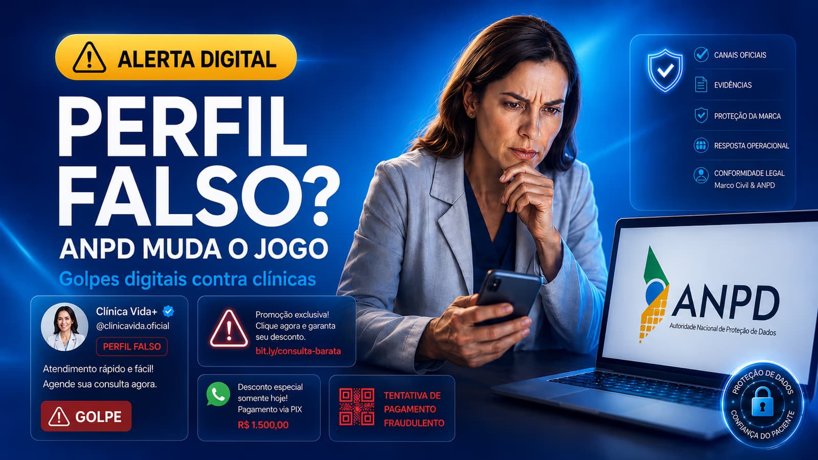 Capa da notícia: Marco Civil, ANPD e marca médica: como clínicas devem reagir a perfis falsos e golpes digitais
