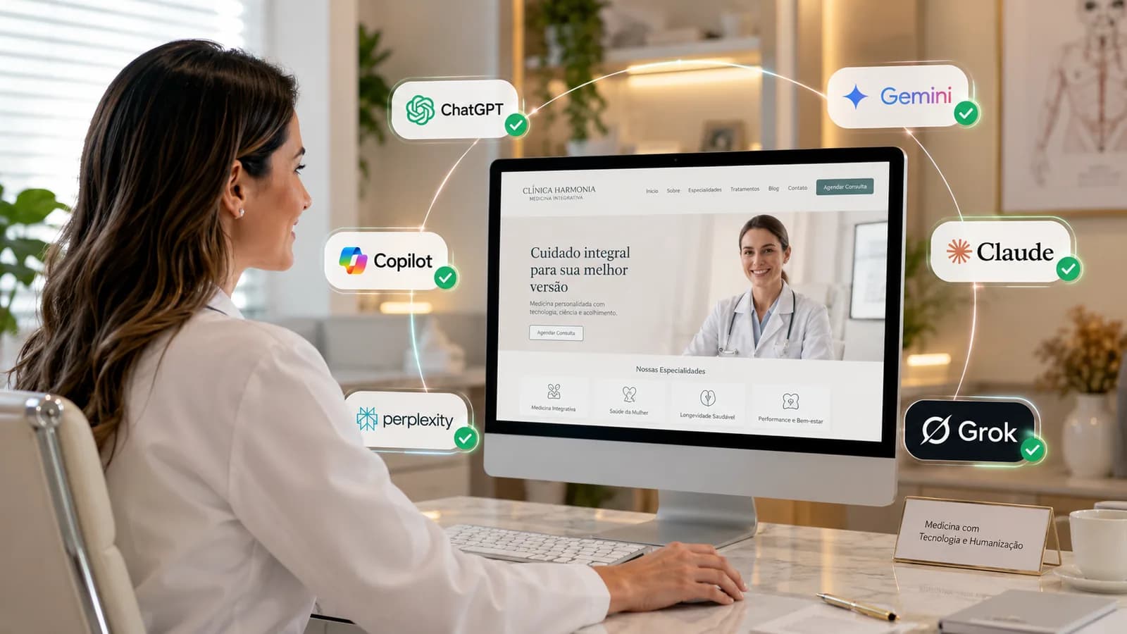 Médica analisa o site de uma clínica em monitor conectado a assistentes de IA como ChatGPT, Gemini, Claude, Perplexity e Grok, representando otimização para busca generativa.