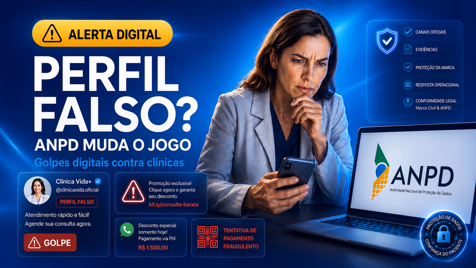 Capa do artigo: Marco Civil, ANPD e marca médica: como clínicas devem reagir a perfis falsos e golpes digitais